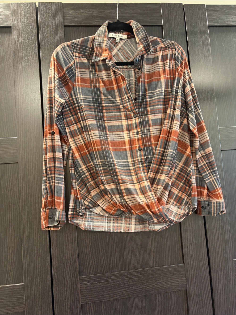 Orange and Gray Plaid Twist-Hem Button Shirt